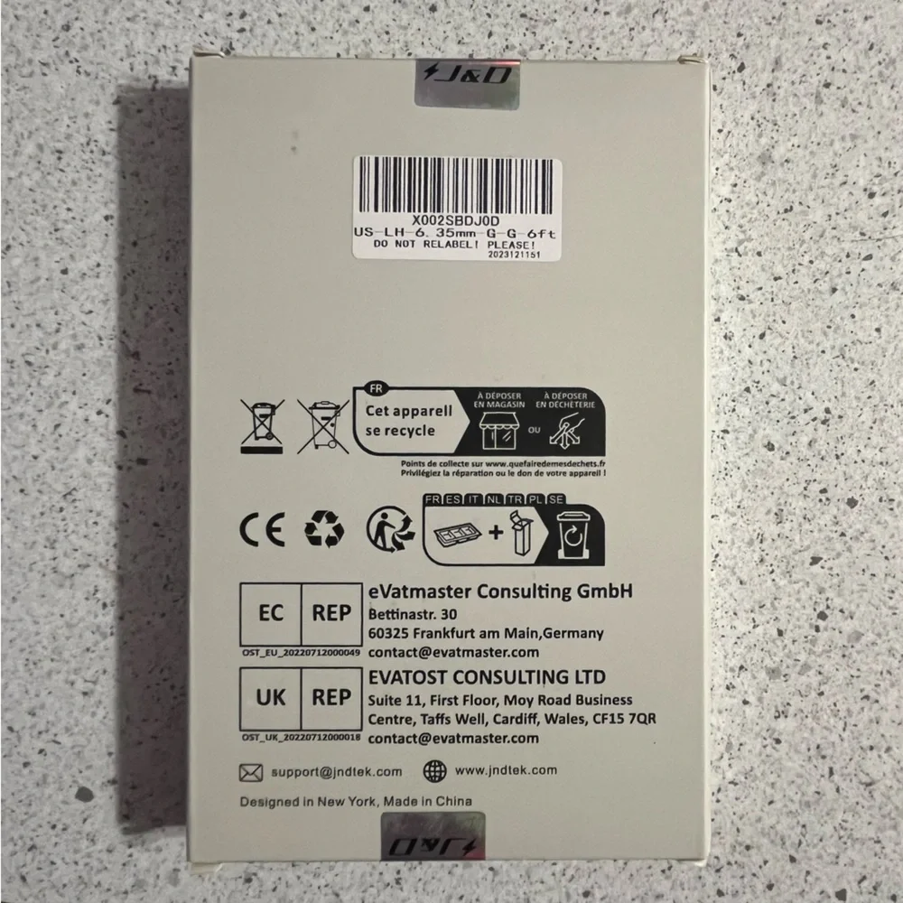 NWT J&D 1/4 Inch TRS Instrument Cable 6 Feet